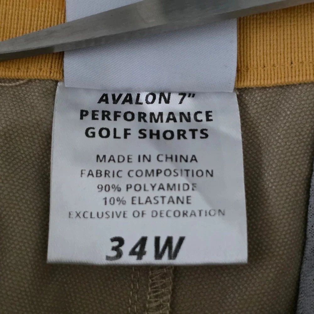 Avalon Men Performance Stretch Golf Shorts Khaki Tan 7 Inch Inseam Size 34